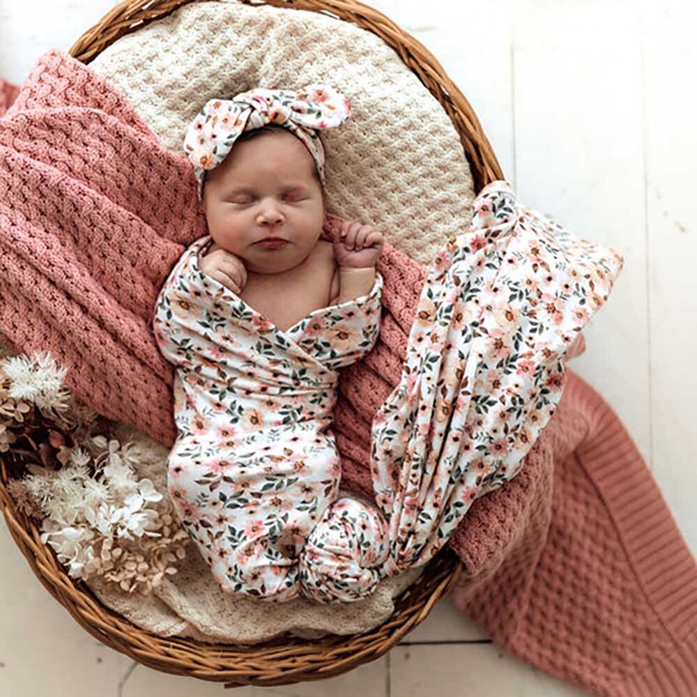 Spring Floral Baby Jersey Wrap and Topknot Set