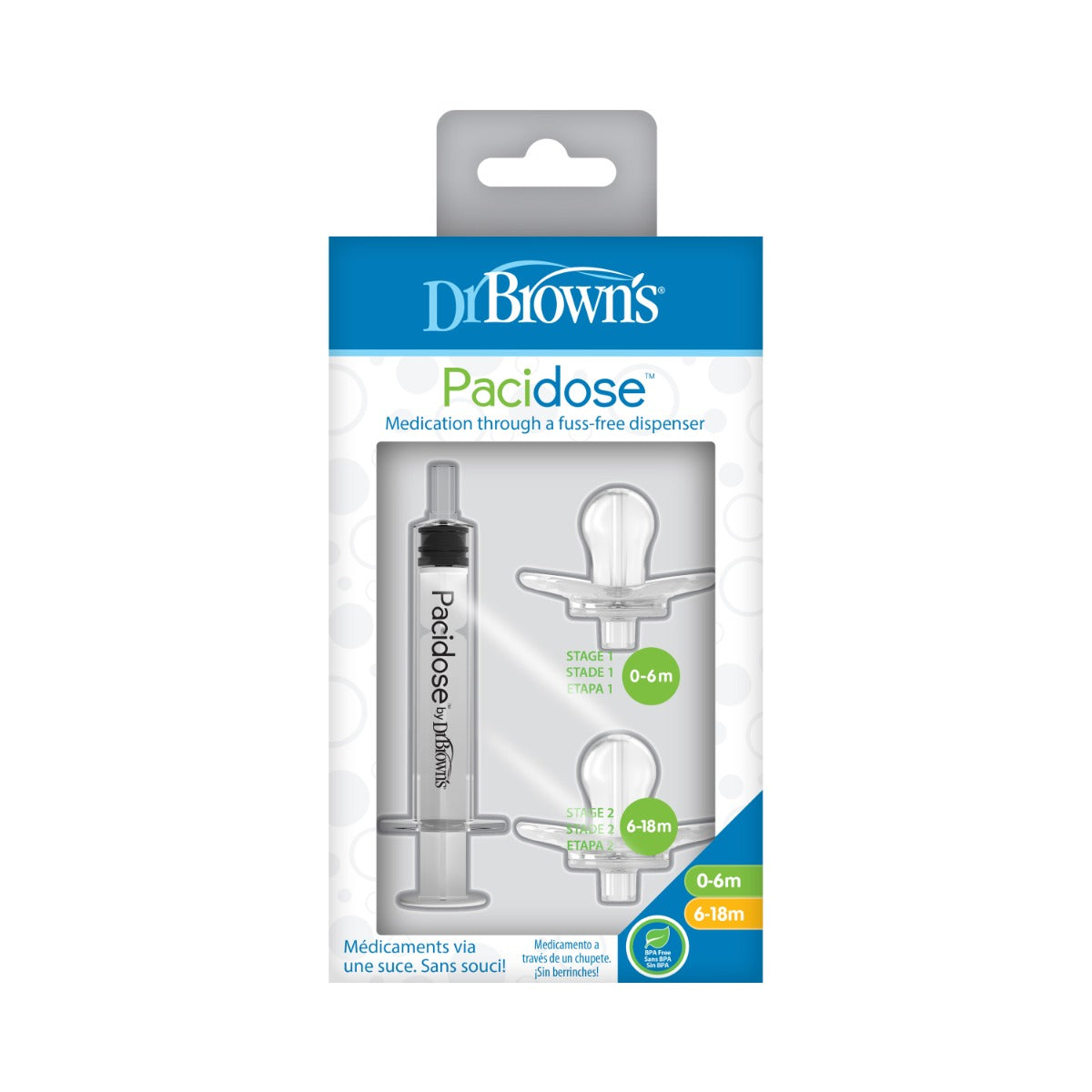 Dr.Brown's Pacidose Liquid Medicine Dispenser, Combo Pack (1 Stage 1 pacifier (0-6m), 1 Stage 2 pacifier (6-18m) and 1 Syringe)