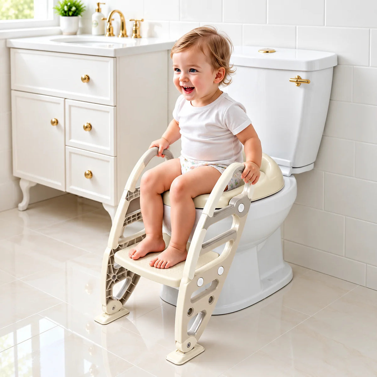 Toilet Trainer with Adjustable Non-Slip Ladder – Beige