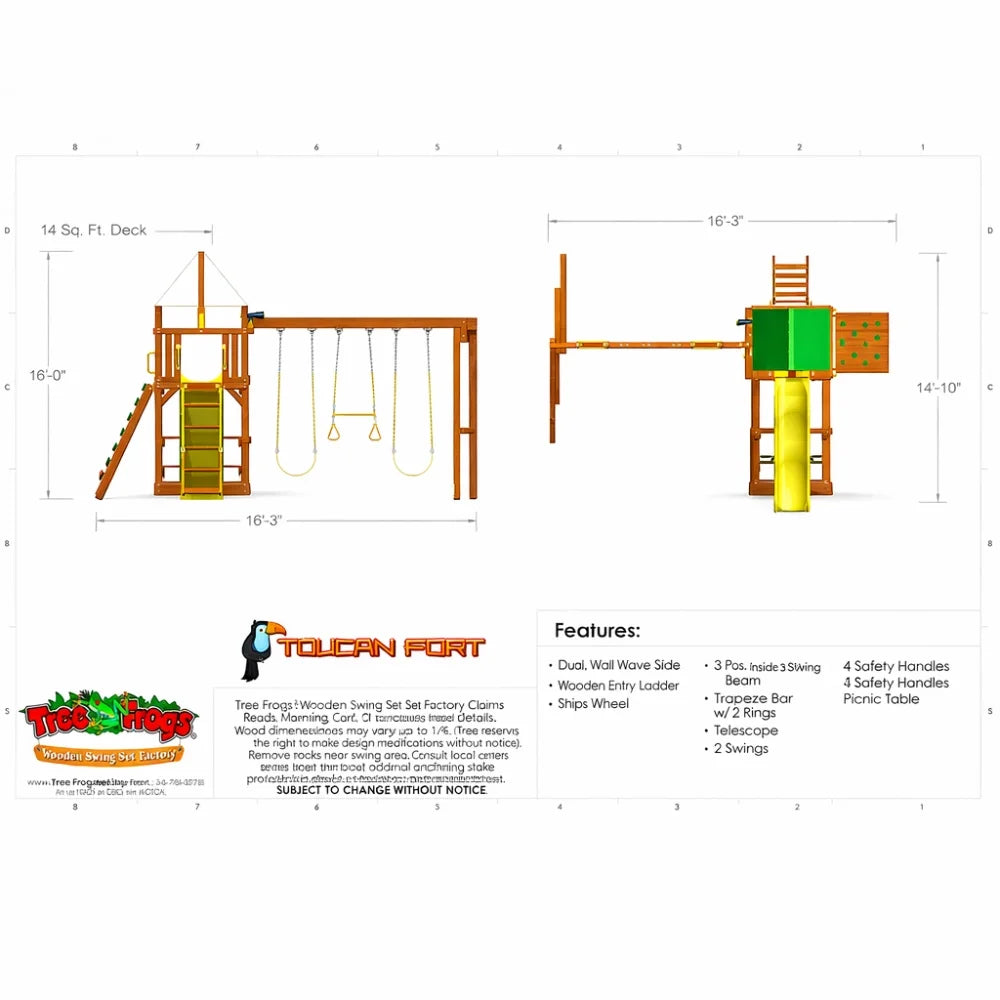 Toucan Fort Swing Set Outdoor Wooden Playground Slide Swings Climbing