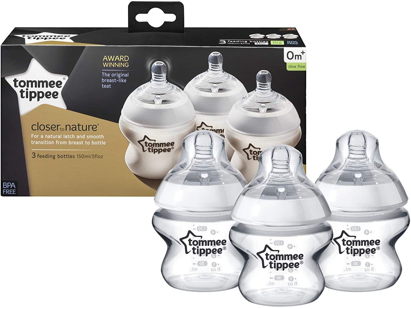 Tommee Tippee Closer to Nature Feeding Bottle, 150ml x 3  - Clear