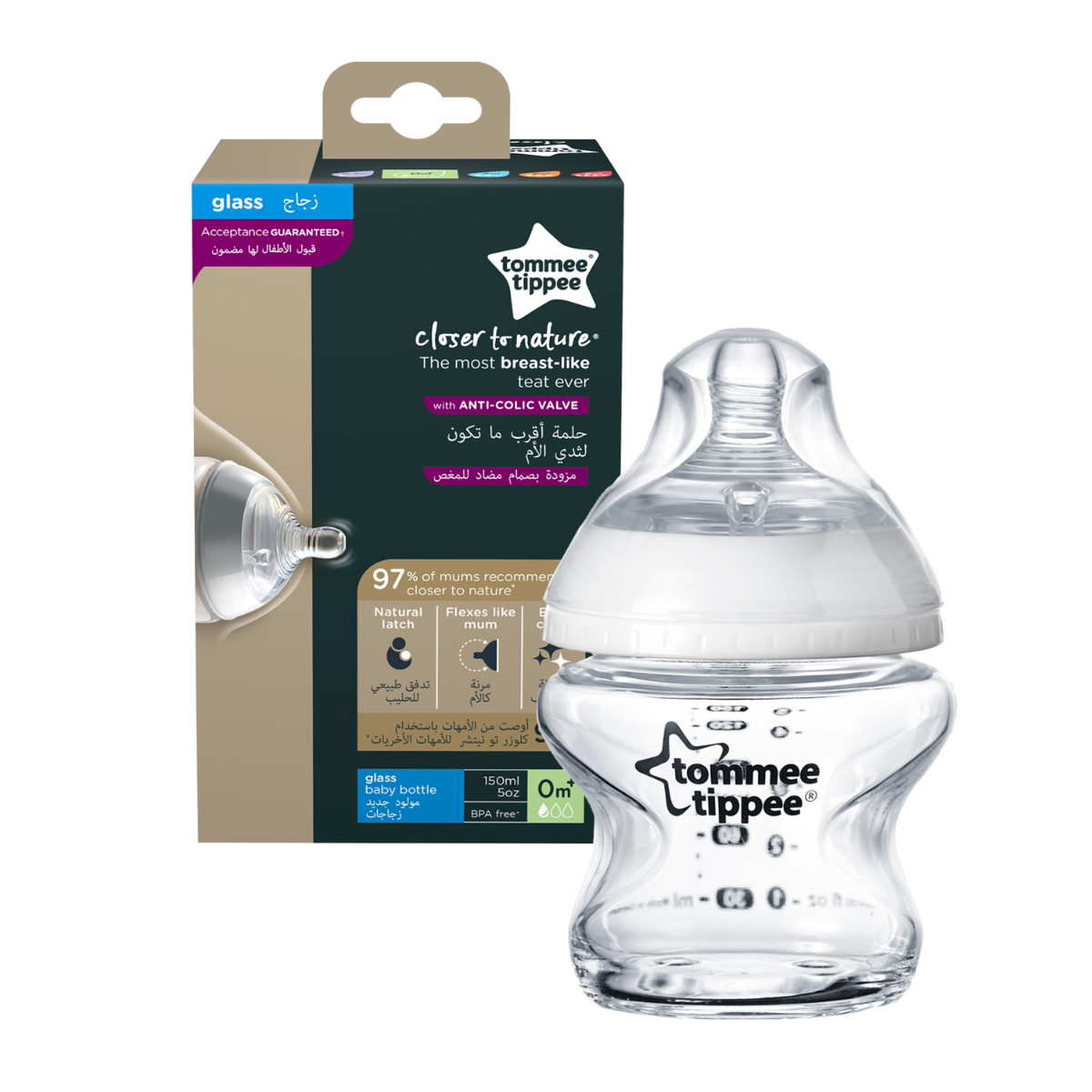 Tommee Tippee Closer to Nature   Glass Feeding Bottle, 150ml x 1  -Clear