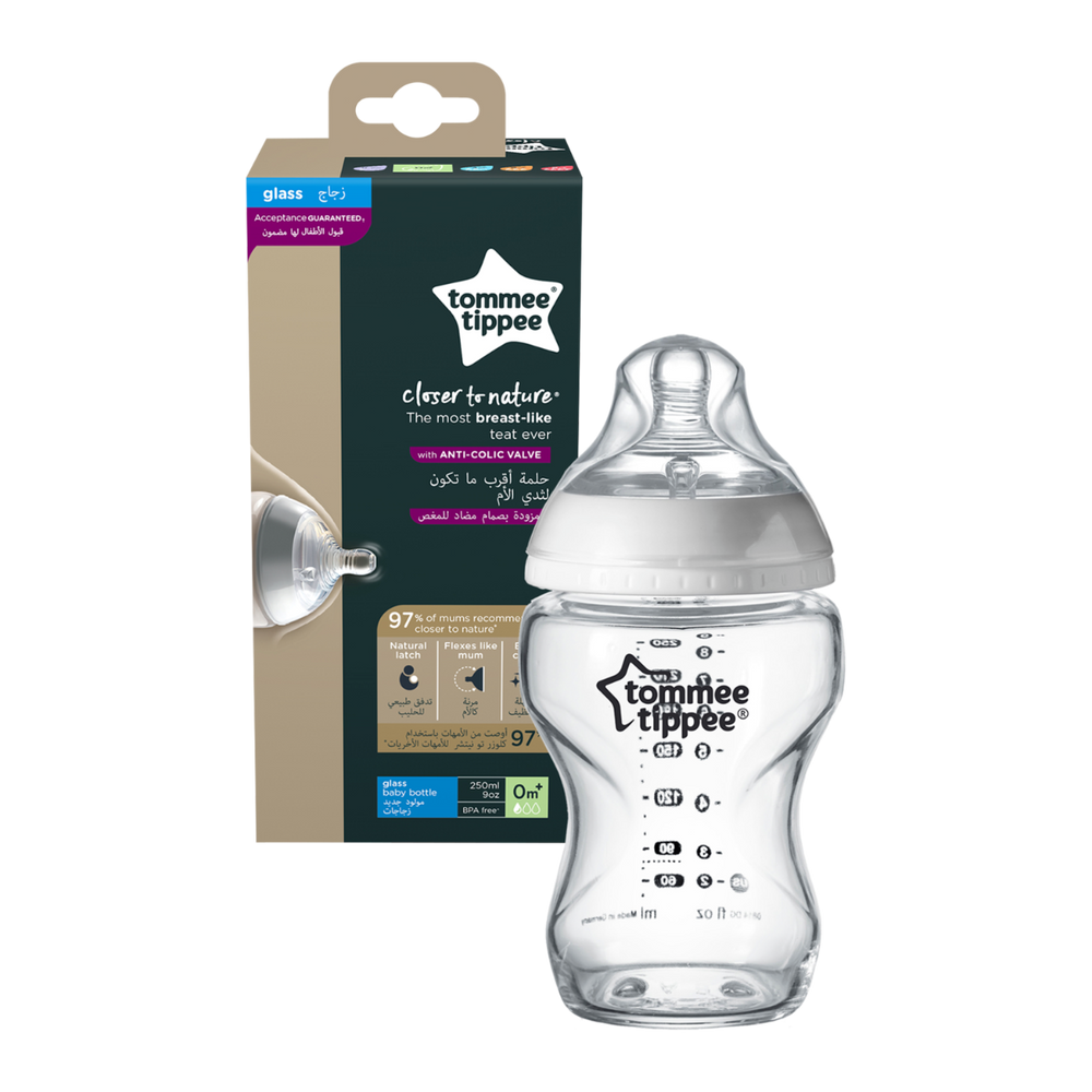 Tommee Tippee Closer to Nature Glass Feeding Bottle, 250ml x 1  -Clear
