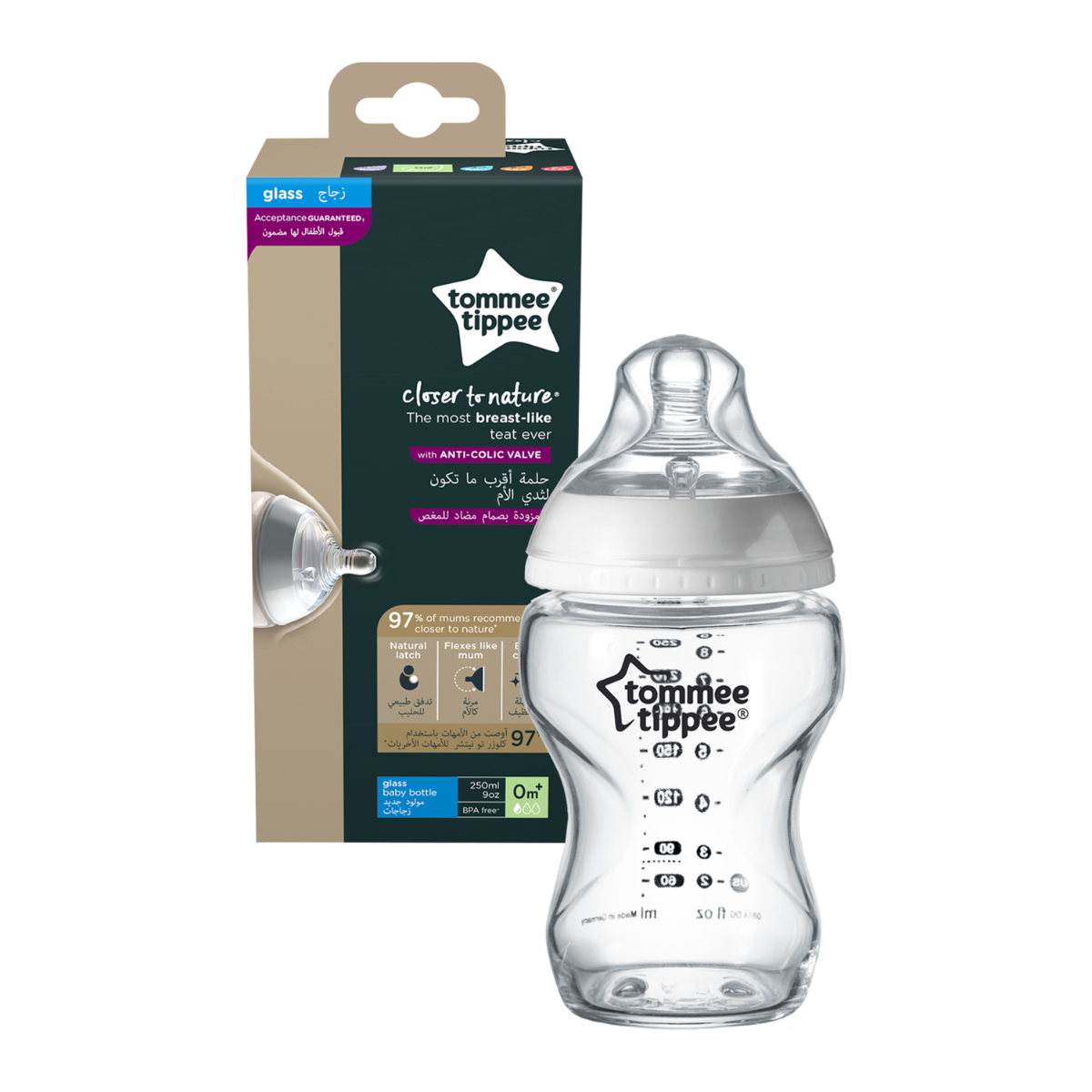 Tommee Tippee Closer to Nature Glass Feeding Bottle, 250ml x 1  -Clear