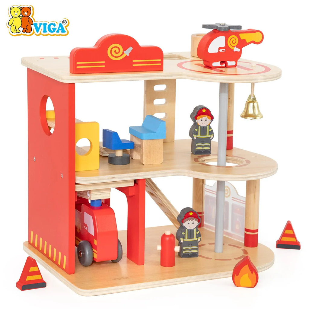 VIGA Wooden Fire Station Playset – 2-Story Rescue Center