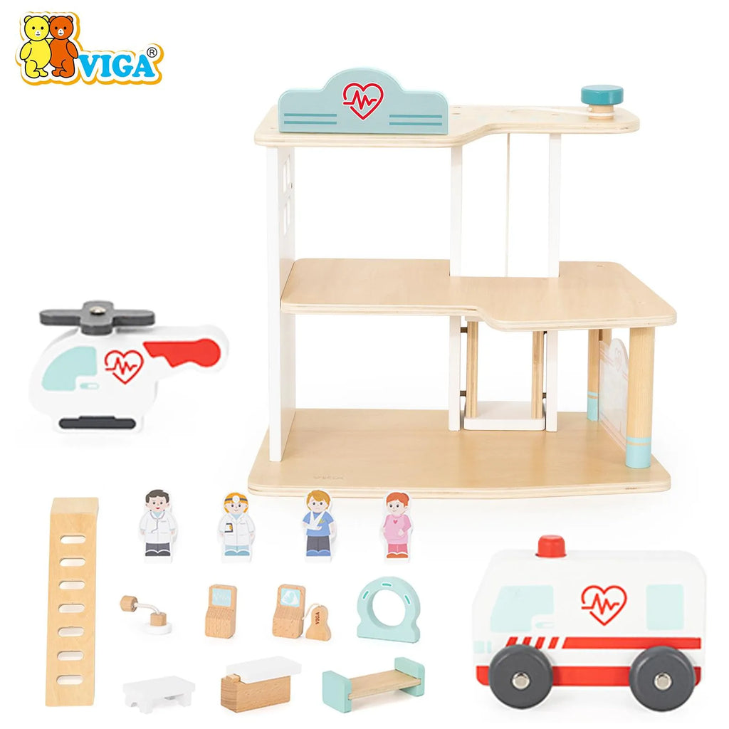 VIGA Wooden Hospital Playset – Multi-Level Medical Center