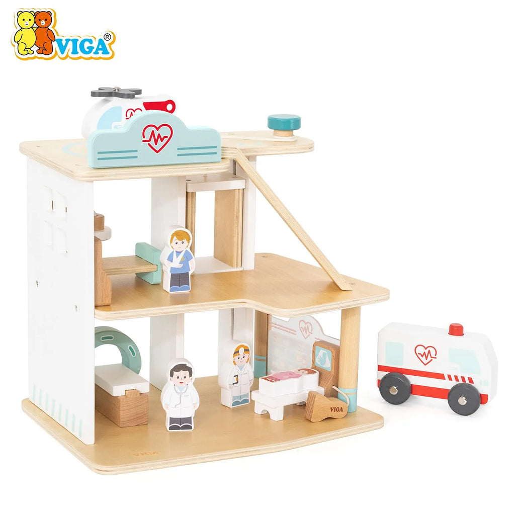 VIGA Wooden Hospital Playset – Multi-Level Medical Center