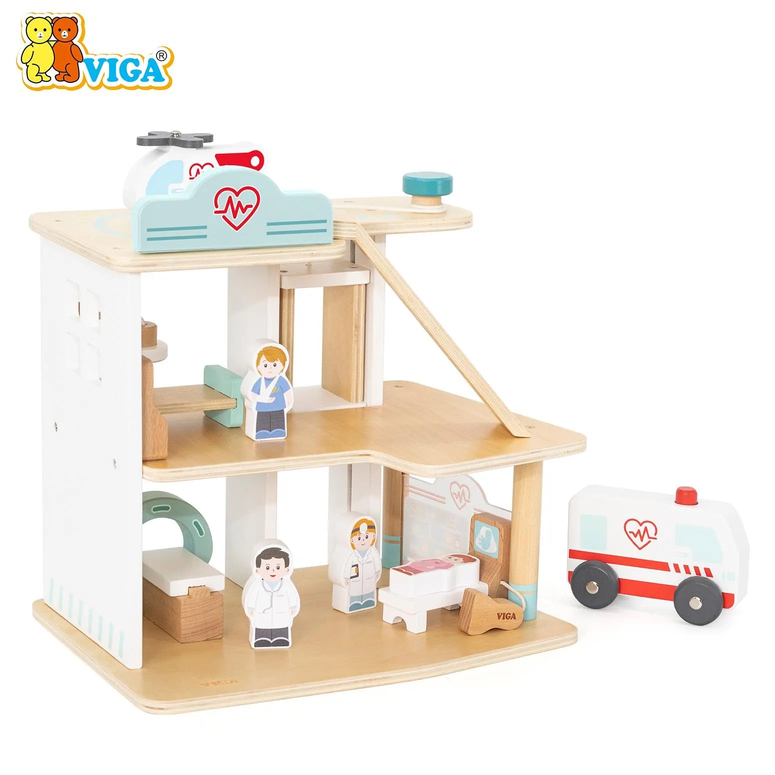 VIGA Wooden Hospital Playset – Multi-Level Medical Center
