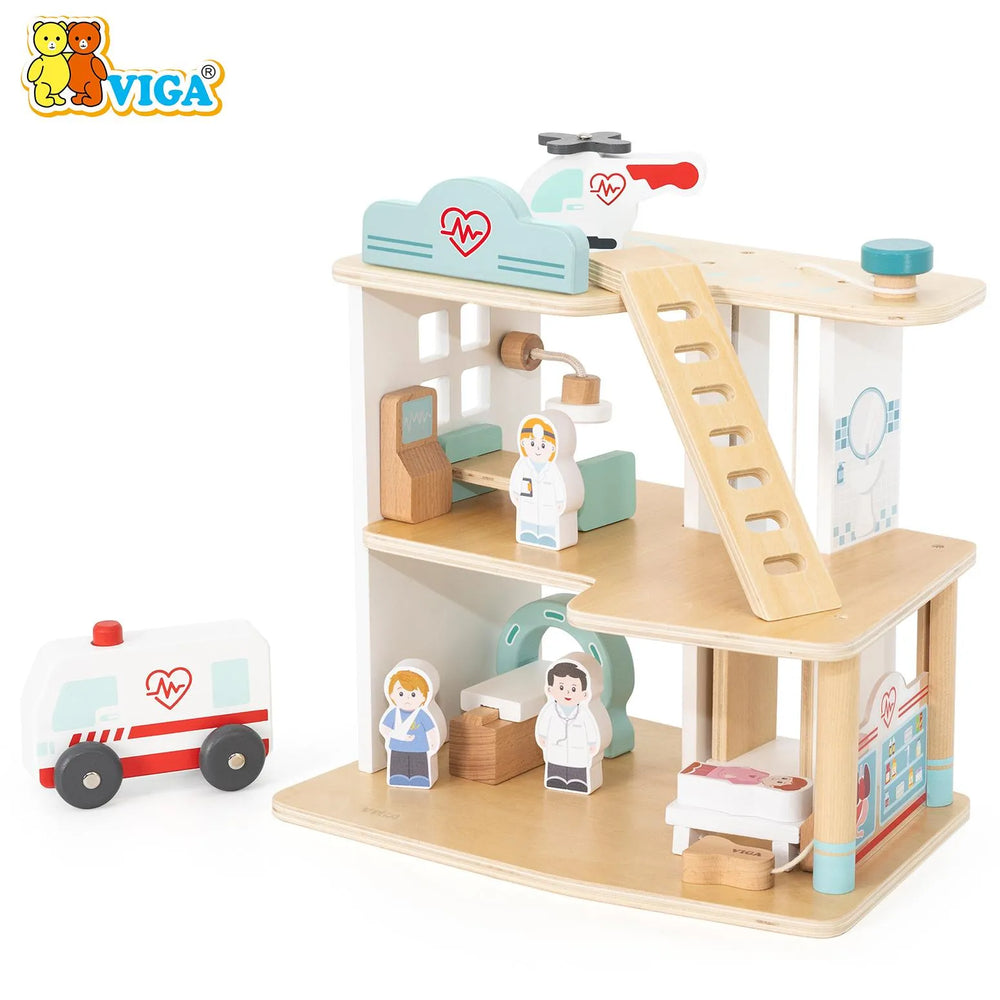 VIGA Wooden Hospital Playset – Multi-Level Medical Center