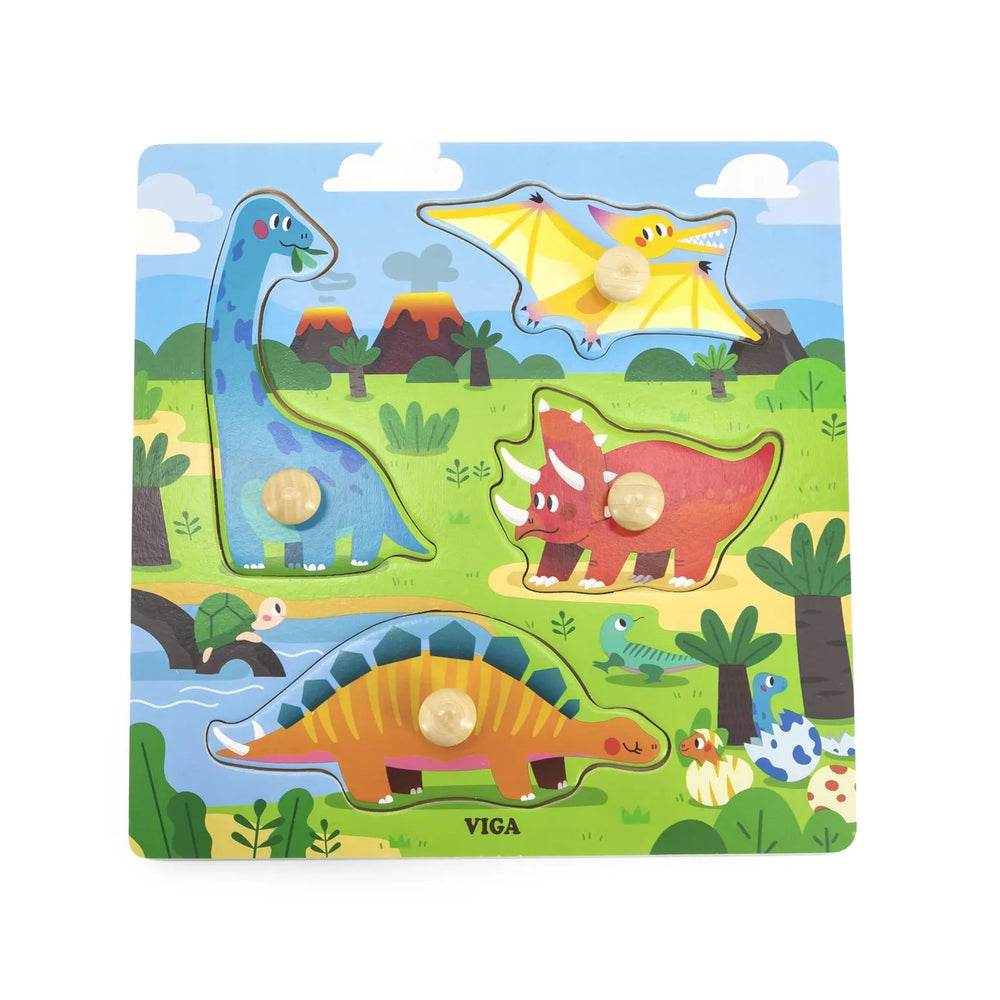 VIGA Wooden Knob Puzzle – Dinosaur Edition (4 Pieces)