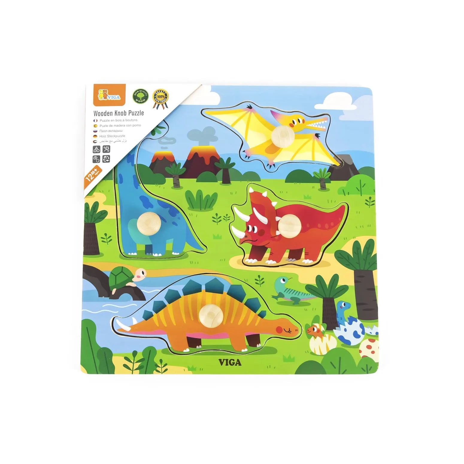 VIGA Wooden Knob Puzzle – Dinosaur Edition (4 Pieces)