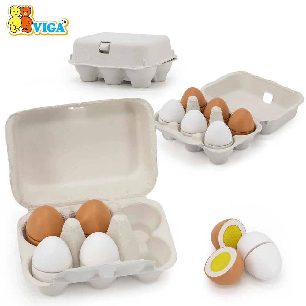 VIGA Wooden Play Eggs Set – 6 Pieces with Carton