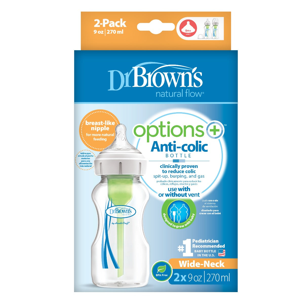 Dr.Brown's 9 oz/270 ml PP Wide-Neck Options+ Bottle, 2-Pack