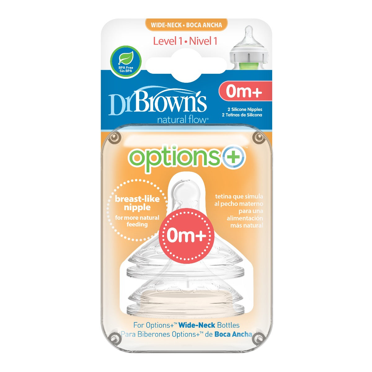 Dr.Brown's Level 1 Wide-Neck Silicone Options+ Nipple, 2-Pack ( 0 to 3 months )