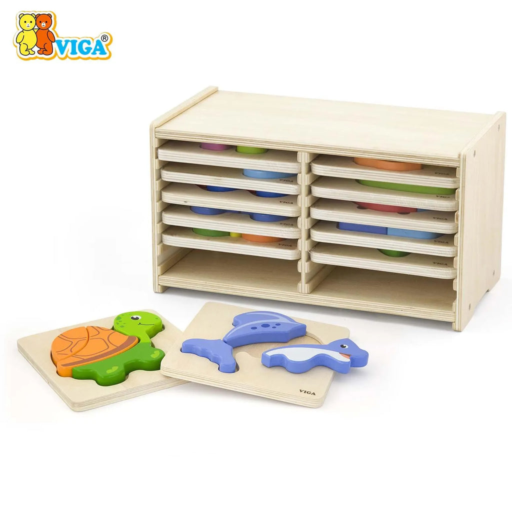 Wooden Block Puzzle -12 pcs Set w/Storage Shelf