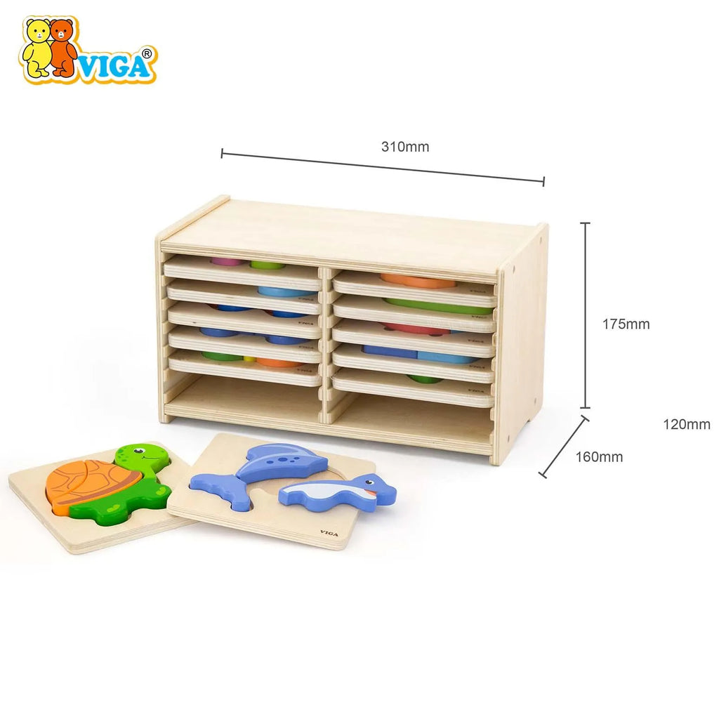 Wooden Block Puzzle -12 pcs Set w/Storage Shelf