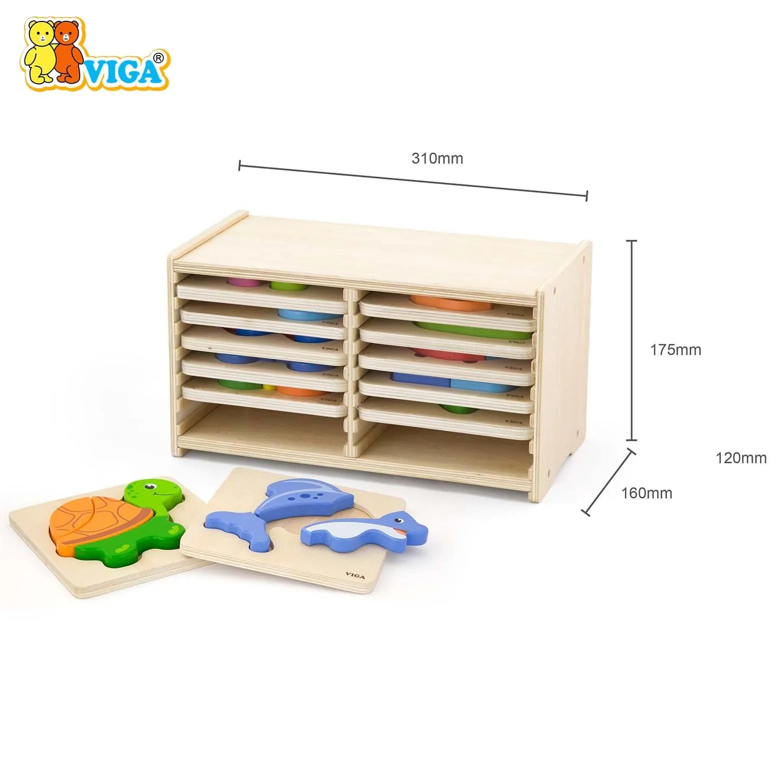 Wooden Block Puzzle -12 pcs Set w/Storage Shelf