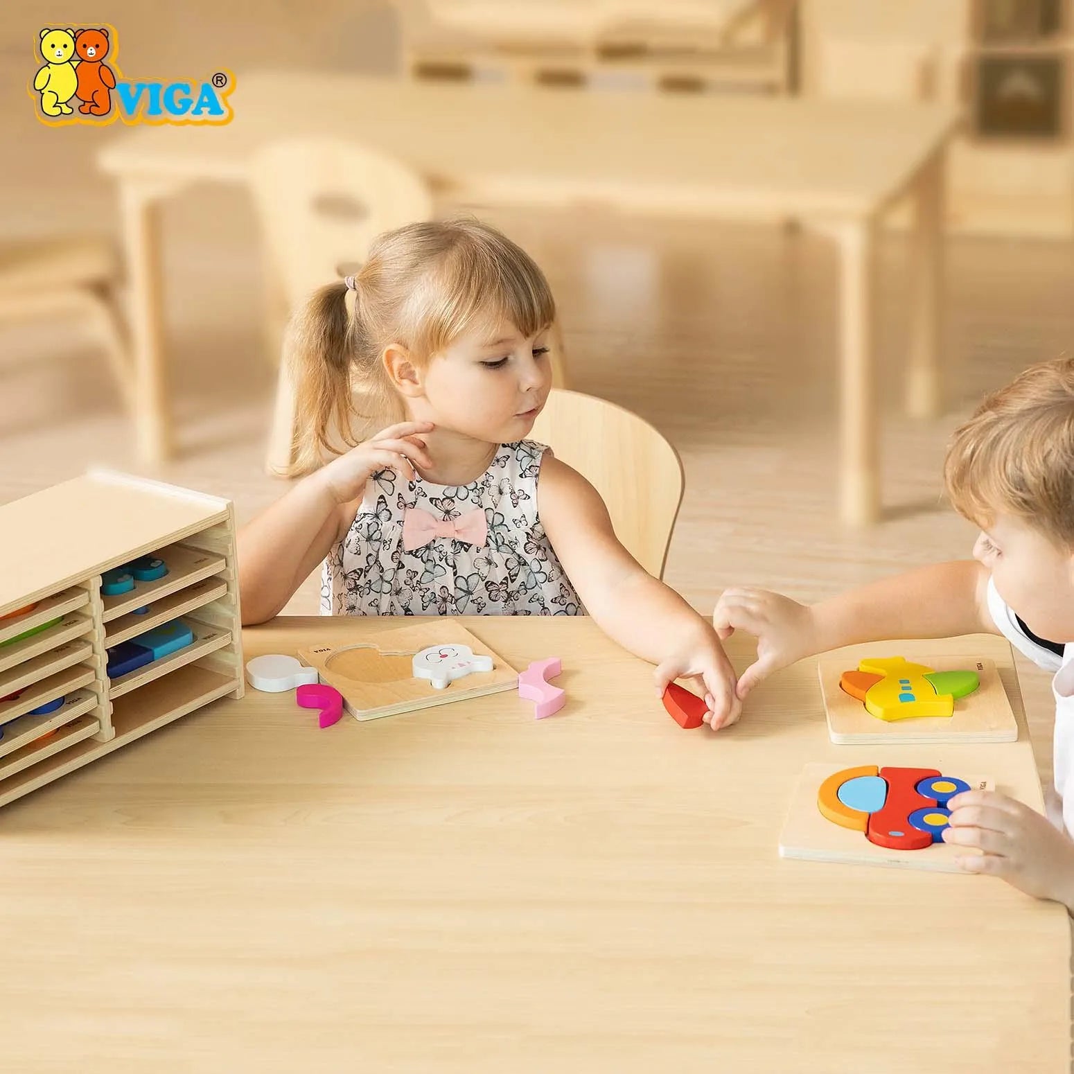 Wooden Block Puzzle -12 pcs Set w/Storage Shelf