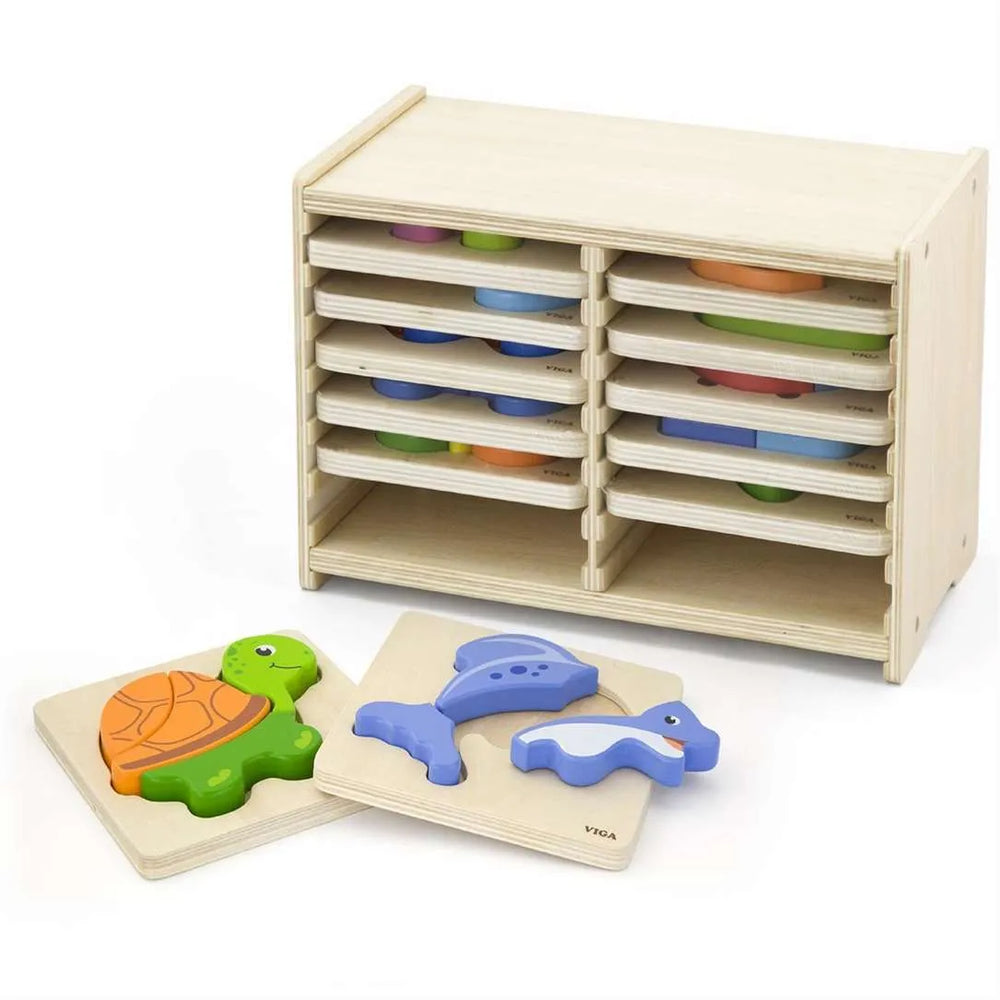 Wooden Block Puzzle -12 pcs Set w/Storage Shelf