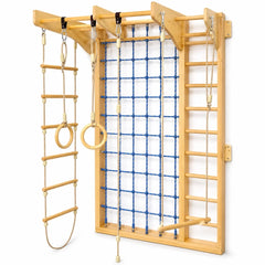 Wooden Climbing Board with Ropes Rings Indoor Fitness Activity Set