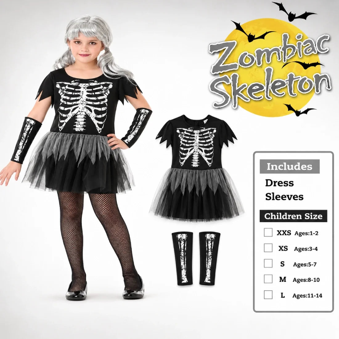 Zombiac Skeleton Girl Fancy Dress Costume for Kids